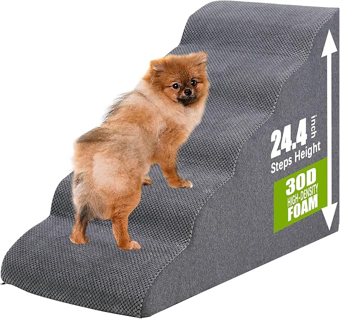 Dog Stairs&Steps for High Beds Up to 28'', 5-Step Dog Ramp for Small Medium Dogs with Washable Cover, Non-Slip Steps for Cats to Get on Couch and Sofa, Durable Foam Ladders, 24.4" Tall, Grey-PawvioPets