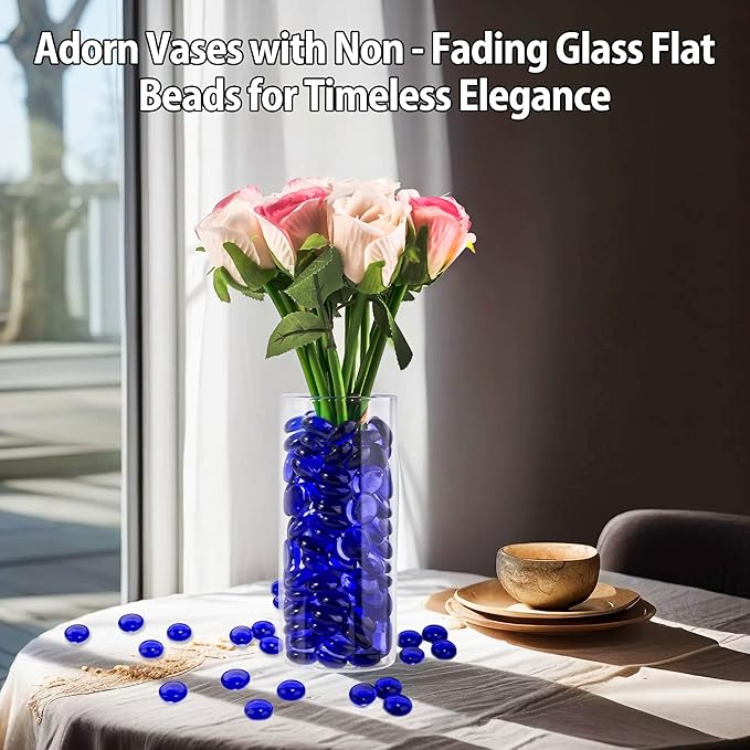 Blue Glass Marbles, 0.97 LB Transparent and Smooth Flat Glass Beads for Vases, Mosaic Gem Pebbles for Aquarium Decor, Floral Arrangements, Mancala Stones, Vase Filler and Crafts (Approx. 80-100 PCS)-PawvioPets