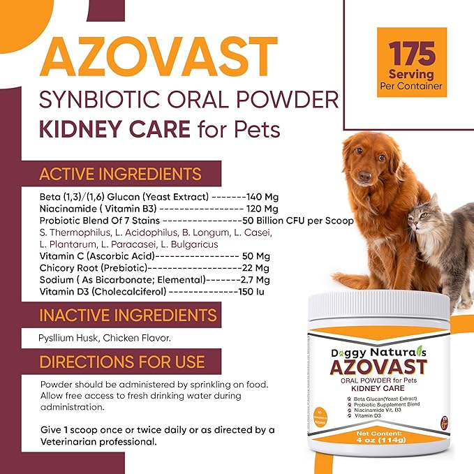 Azovast Powder Kidney Restores & Kidney Powder for Dogs & Cats, (4 Oz) - (175 Scoop/Jar) NO Refrigeration Required - Help Support Kidney Function & Manage Renal Toxins (Made in U.S.A) (4 Oz)-PawvioPets