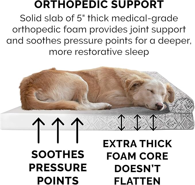 Furhaven Orthopedic Dog Bed for Large Dogs w/ Removable Bolsters & Washable Cover, For Dogs Up to 125 lbs - Plush & Southwest Kilim Woven Decor Sofa - Boulder Gray, Jumbo Plus/XXL-PawvioPets