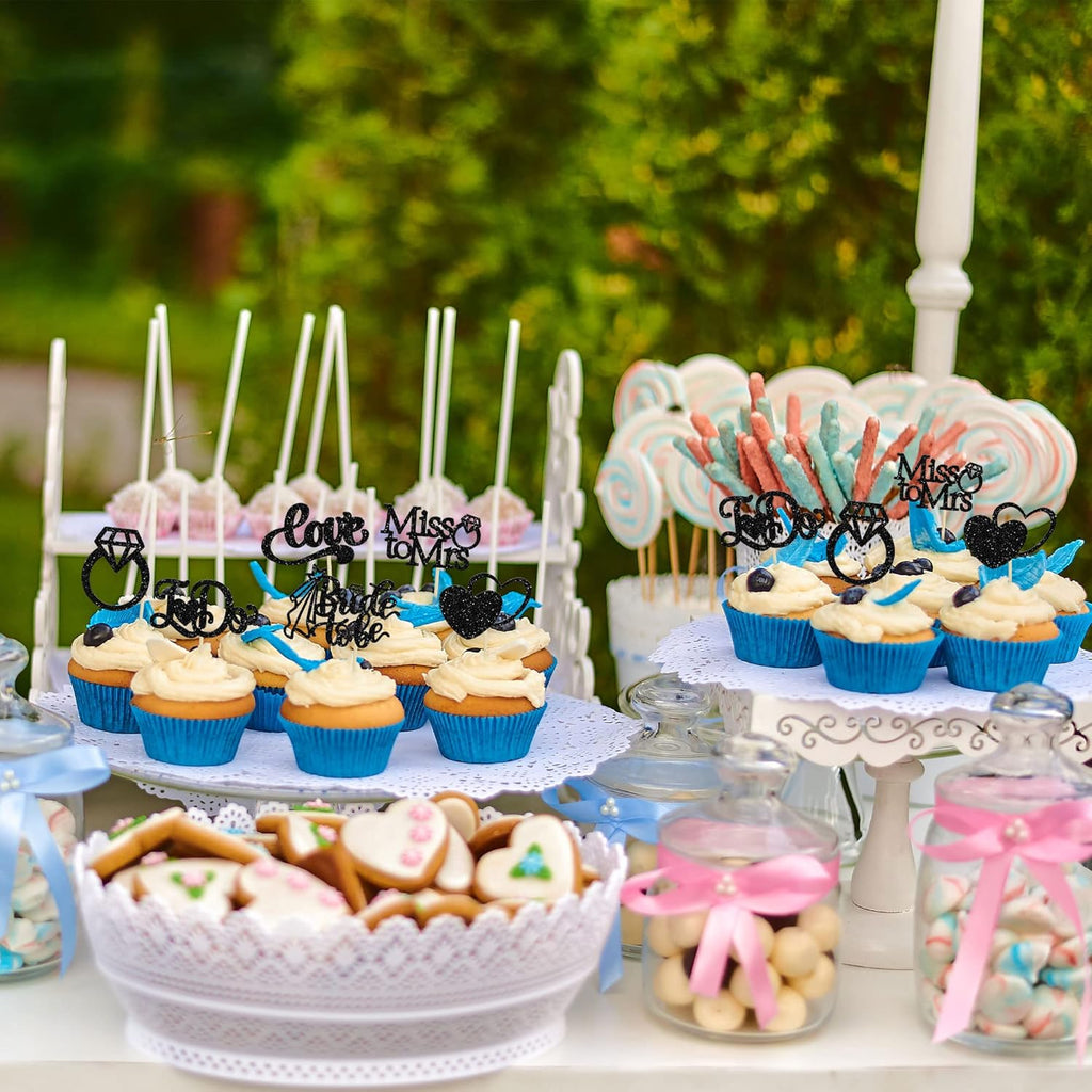 Gyufise 24Pcs Bride to Be Cupcake Toppers Black Glitter I Do Love Heart Ring Miss To Mrs Cupcake Picks Bridal Shower Cake Decorations for Wedding Engagement Bachelorette Party Supplies