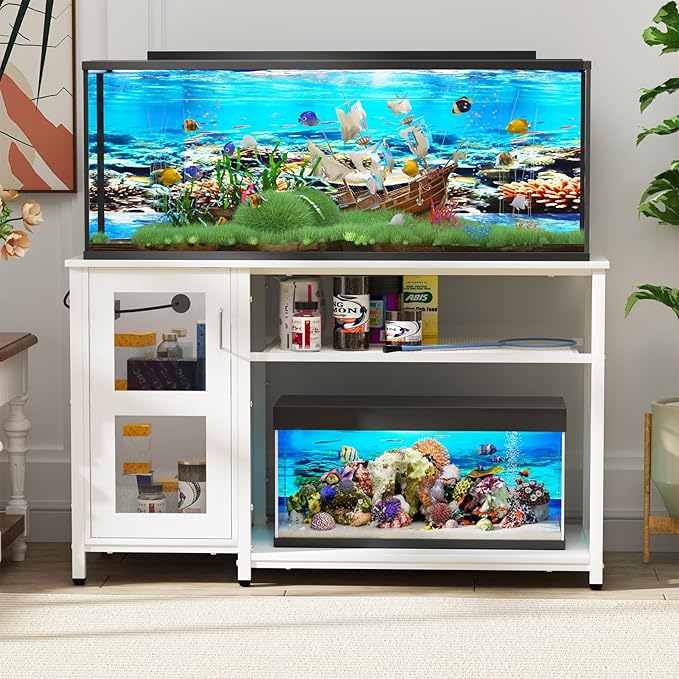 55-75 Gallon Fish Tank Stand with Cabinet, Aquarium Stand for Fish Tank Accessories Storage, Heavy Duty Metal Terrarium Stand, 52" L*19" W Tabletop, 1200LBS Capacity, White-PawvioPets
