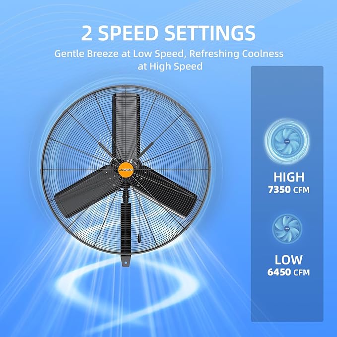 24 inch Outdoor Oscillating Wall Mounted Fan, High Velocity IPX4 Waterproof 7600 CFM Industrial Metal Wall Fan, 2 Speed, Adjustable Tilt, for Greenhouse, Patio, Garage, Workshop-PawvioPets