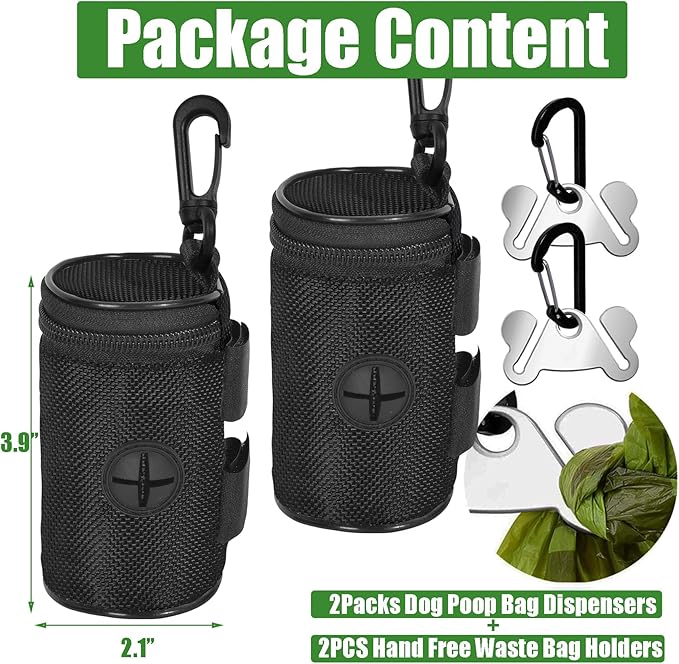 2 Pack Dog Poop Bag Holder for Leash Attachment - Waste Bag Dispenser for Leash - Fits Any Dog Leash - Portable Set with Hand Free Holder Metal Carrier, Black Round Shape-PawvioPets