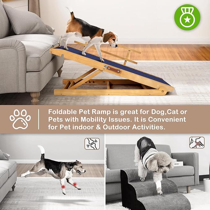Dog Ramp for Beds, Cars, Couches, Dog Steps Anti-Slip Surface, Dogs Ramps for Old Small Pet,High Traction with Platform, 7 Adjustable Heights 16" to 27" Up, Portable Stairs Design for Dogs, 45.3" Long-PawvioPets