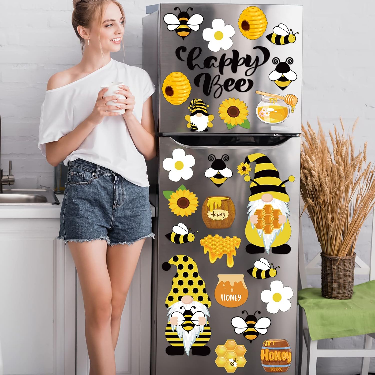 Xuhal 25 Pcs Bee Decor Refrigerator Magnets Happy Bee Gnome Sunflower Magnetic Stickers Car Magnets Fridge Garage Decor Party Supplies for Cars Office Whiteboard Mailbox
