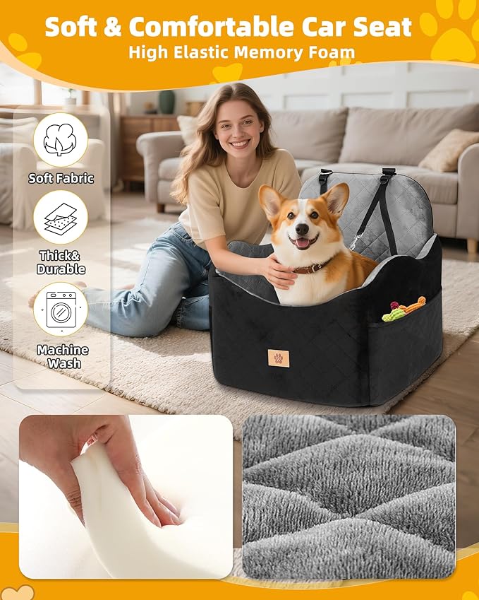 Car Seat Booster for Dog: High-Support Memory Foam Pet Car Seat for Small/Medium Dogs Under 35lbs with Elevated Cushion, Pockets - Detachable Washable Puppy Travel Bed for Driving(Black/Grey)-PawvioPets
