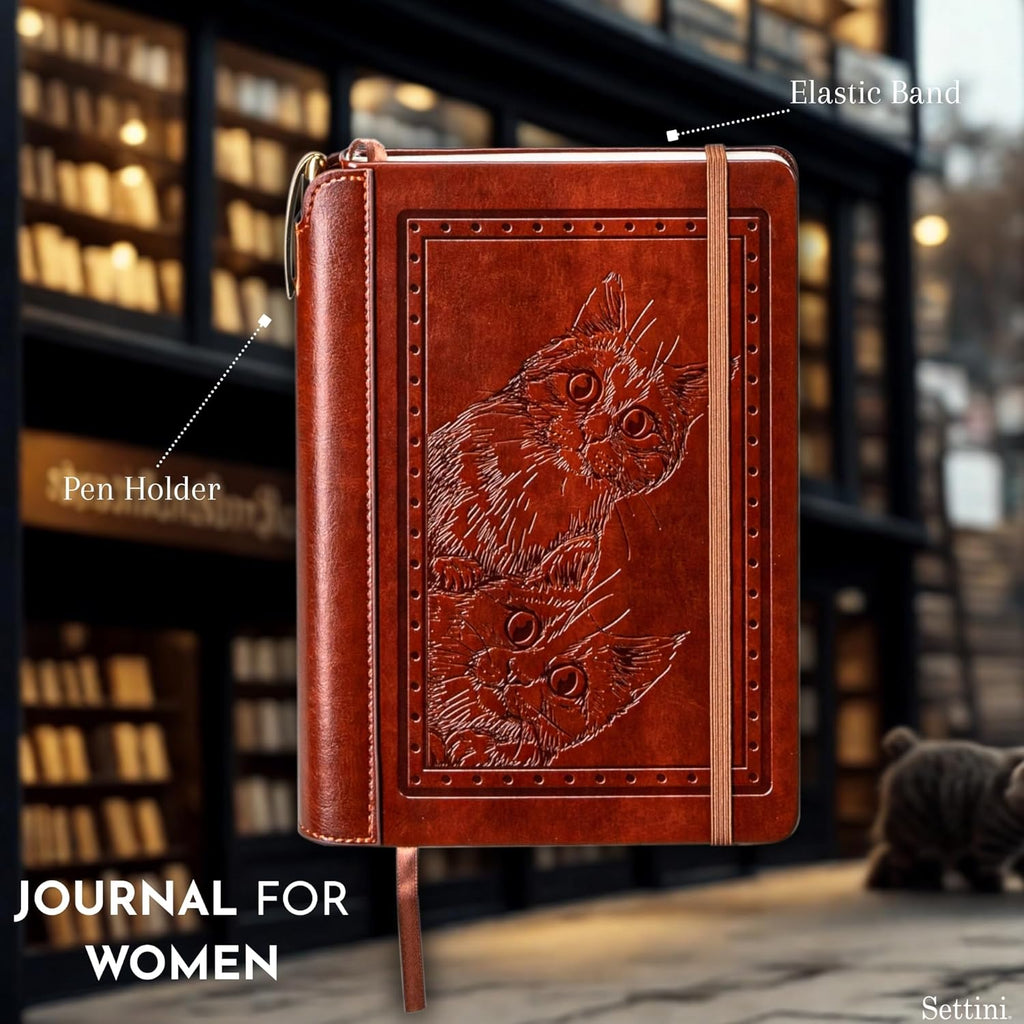 SETTINI® Lined Journal - Cat Journal for Writing Gift Set - Hardcover Vegan Leather, Includes Luxury Pen in a Unique Pen Holder, 192 Pages, 6 x 8.5 inches, Birthday Gift