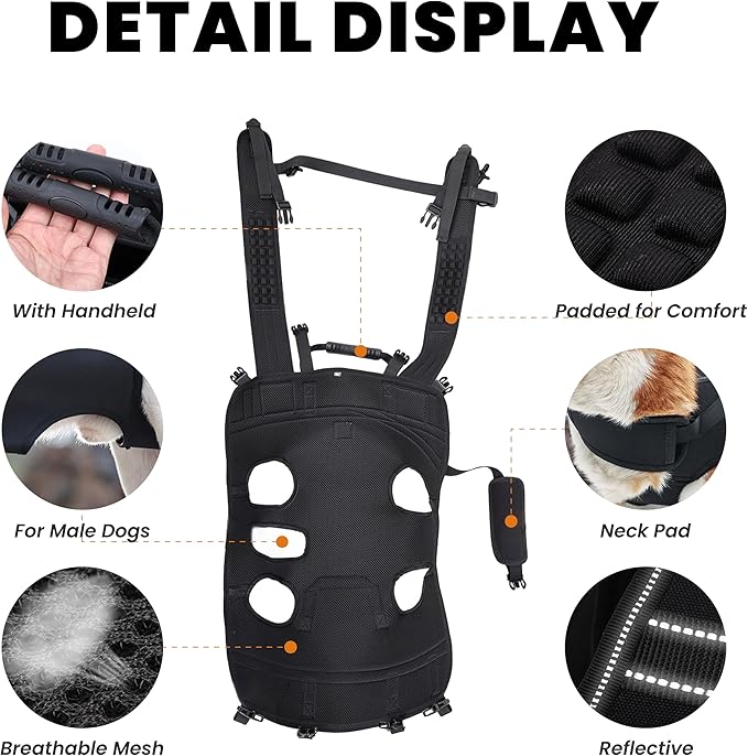 Dog Lift Harness Backpack Carrier for Large Dogs, Full Body Sling with Handle, Dog Harness for Joint Injuries, Arthritis, Ideal for Stairs, Elderly Dogs (Black Large 20-29 LBS)-PawvioPets