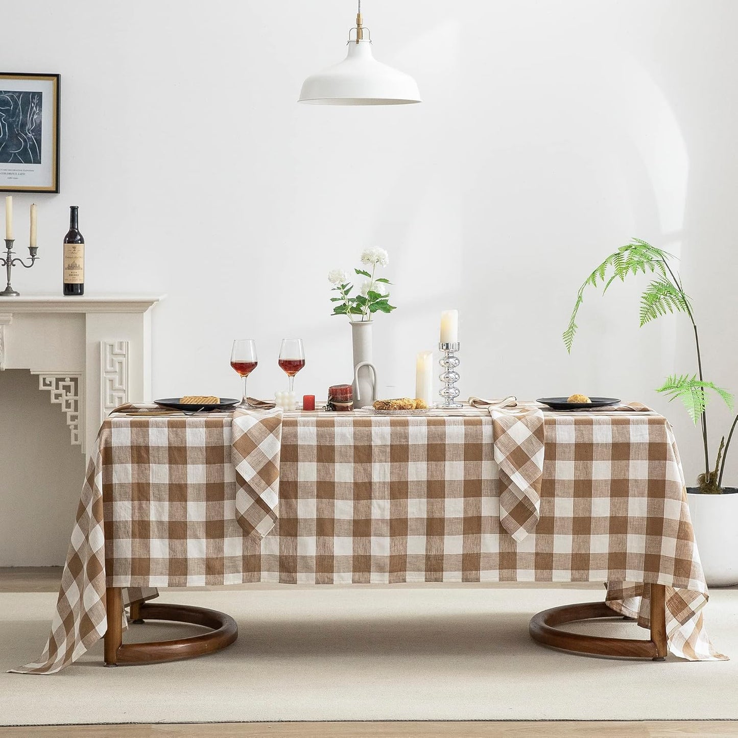 EVERLY 100% Yarn-Dyed Linen Rectangle Tablecloths 60x132Inches for Dining,Buffet Parties,Picnic,Events and Restaurants,Decorative Halloween,Thanksgiving Machine Washable Tablecloths-Brown Plaid