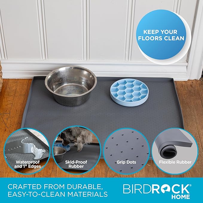 BIRDROCK HOME Extra-Large Dog Mat for Food and Water Bowls - Waterproof Pet Feeding Mat to Prevent Spills - Anti-Slip Rubber Tray for Messy Eaters - Placemat Protector for Floors - 32in x 24in - Grey-PawvioPets