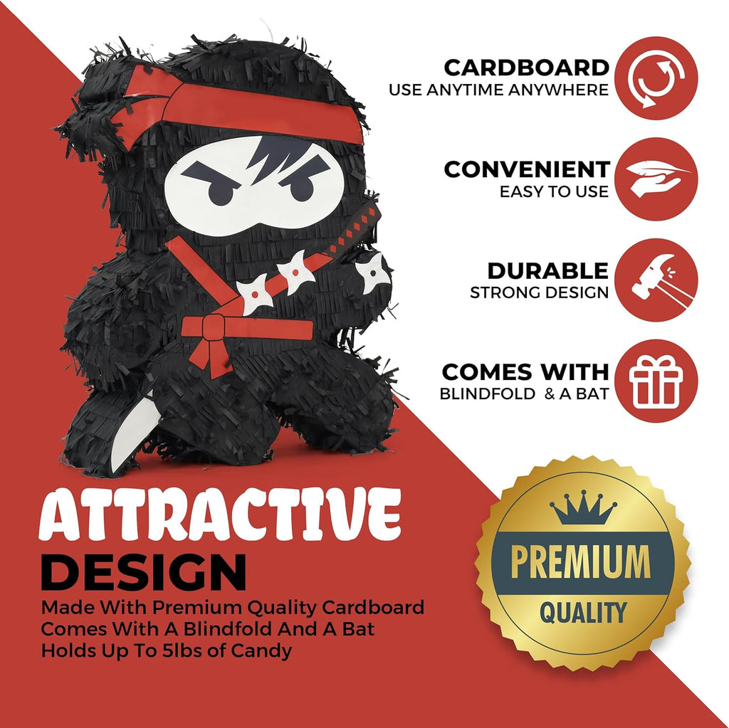 Ninja Pinatas Bundle with a Blindfold and Bat (16.5x12.6x4 Inches), Perfect for Birthday Parties, Theme Parties for boys, Decorations