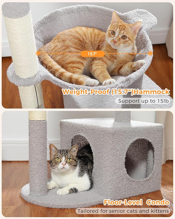 Cactus Cat Tree Cat Scratching Post 40" Cat Tower with Large Metal Carpet Hammock, Cat Scratching Post for Indoor Cats with Condo& Dangling Ball, Grey-PawvioPets