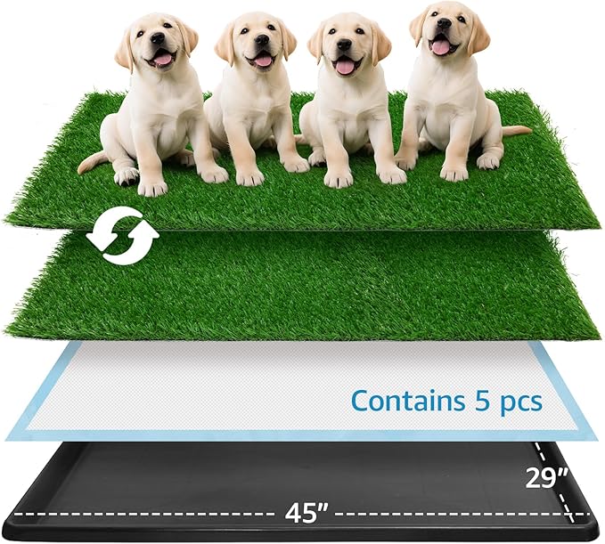 Dog Grass pad with Tray,45”x 29” Indoor Dog Potty with 2 Packs Replacement Artificial Fake Grass-5 Packs Disposable Puppy Pads,for Puppy Training Apartment,Outdoor Use-PawvioPets