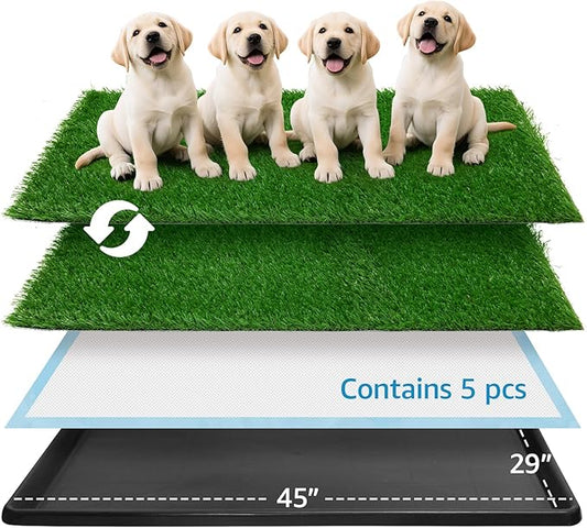 Dog Grass pad with Tray,45”x 29” Indoor Dog Potty with 2 Packs Replacement Artificial Fake Grass-5 Packs Disposable Puppy Pads,for Puppy Training Apartment,Outdoor Use-PawvioPets