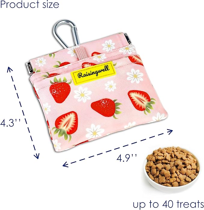 Dog Treat Pouch,Cotton Pocket Sized Training Holder, Hand Free Walking Funny Bag with Carabiner, Self-Closing Pet Feed Snack Reward, Behavior Aids for Puppy Travel or Outdoor Use（Strawberry）-PawvioPets