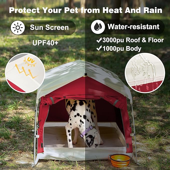 Dog Tent Cotton Fabric, Aluminum Poles and Camping Mat, Outdoor Weatherproof, Dog House Outdoor, Breathable with 2 Side Windows, Portable and Collapsible (Red, Large)-PawvioPets