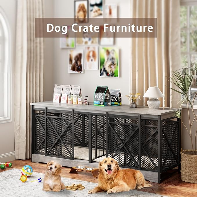 COZPAW 78 Inch Double Dog Crate Furniture, Extra Large Dog Kennel Indoor for Medium Large 2 Dogs, Heavy Duty Dog Cage Chew-Resistant Steel and Wooden Pet House with Removable Divider (Grey)-PawvioPets