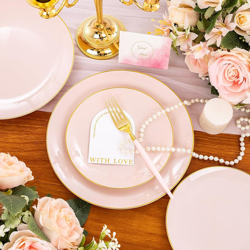 Liacere 150PCS Plastic Plates-Gold Plastic Silverware with Pink Handle - Pink Disposable Plates Include 30 Guests Plates, Forks, Spoons, Knives for Wedding ＆ Easter Day ＆Mother's Day
