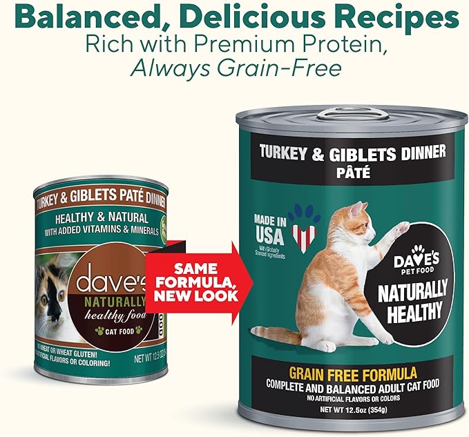 Dave's Pet Food Grain Free Canned Cat Food (Turkey & Giblets Pate), Made in USA Naturally Healthy Canned, Canned Pate, 12.5 oz Cans (12 Pack)-PawvioPets