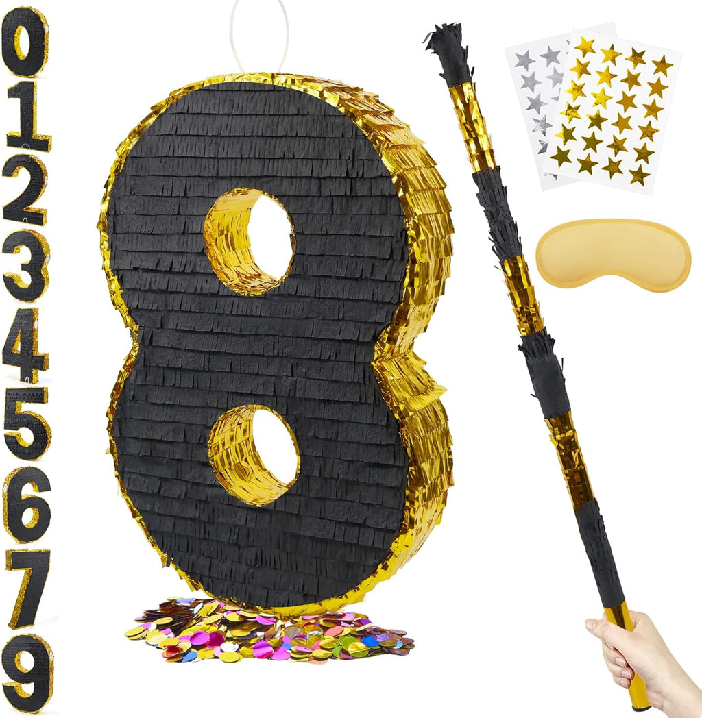 PCFING 20 Inch Number 8 Piñata Gold Black with 30 Inch Piñata Stick Blindfold Confetti for Man Women Boys Girls Birthday Party Decorations, Anniversary Celebration, Fiesta