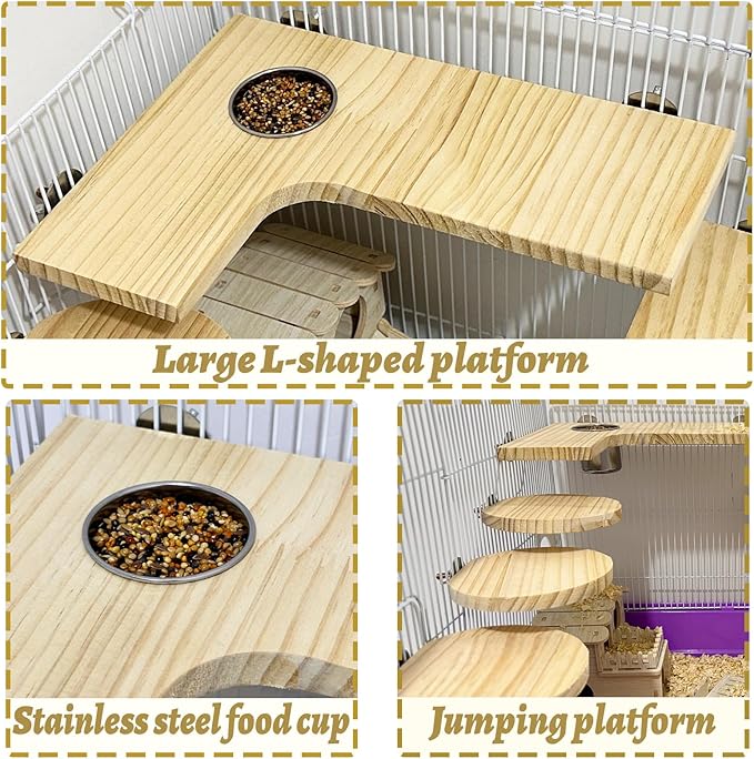 8 Pcs Wooden Hamster Cage Platform Set Wood Juvenile Chinchilla Shelves, Squirrel L-Shape Corner Ledge with Hole Cooling Standing Board Rat Cage Accessories for Gerbil Small Animal Climbing-PawvioPets