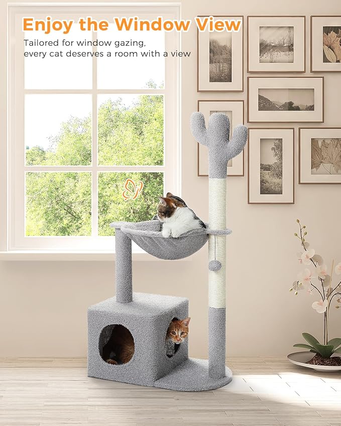 Cactus Cat Tree Cat Scratching Post 40" Cat Tower with Large Metal Carpet Hammock, Cat Scratching Post for Indoor Cats with Condo& Dangling Ball, Grey-PawvioPets