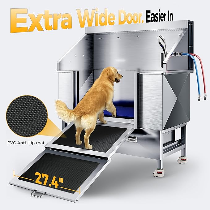 50" Dog Washing Station - 304 Stainless Steel, 27.4" Wide Ramp, Water-Storing Dog Bathing Station w/Swivel Wheels, Pet Proof Faucet, 2 Drawers, Dog Bathtub for Medium & Small Dogs-PawvioPets