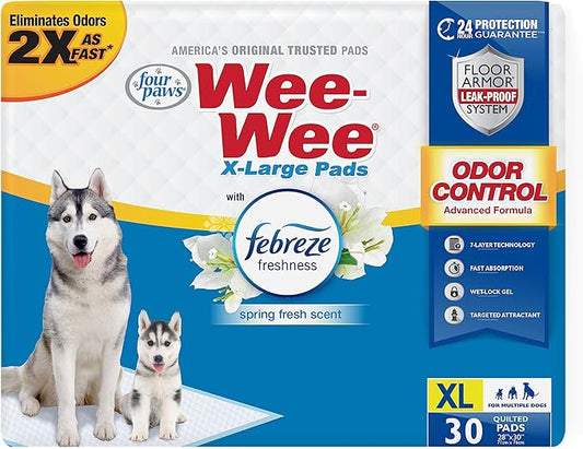 Four Paws Wee-Wee Odor Control with Febreze Freshness Pee Pads for Dogs & Puppies, Leak-Proof Dog Housebreaking Potty Training Floor Protection, Spring Fresh Scent, 28" x 30", 30 Count-PawvioPets