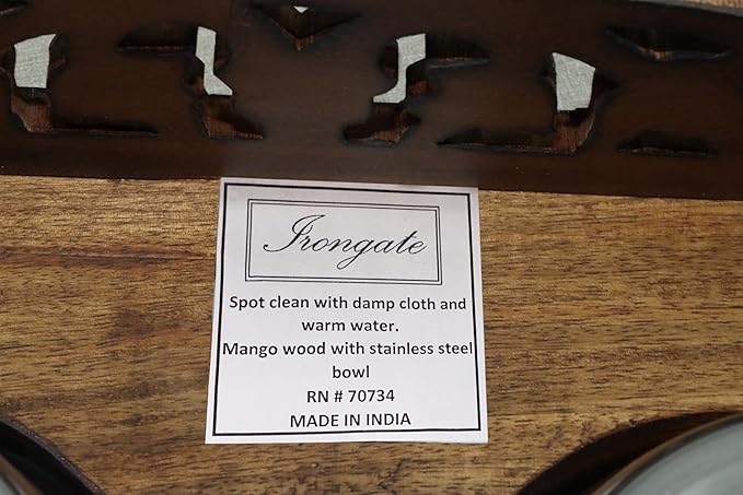 Elevated Pet Feeder for Dogs and Cats - Scroll Carved Wood Raised Dog Bowl Stand - Pet Feeding Stand with Two Steel Bowls - Raised Dog Bowl for Food and Water - Pet Feeding Station -17x11x4- IRONGATE-PawvioPets