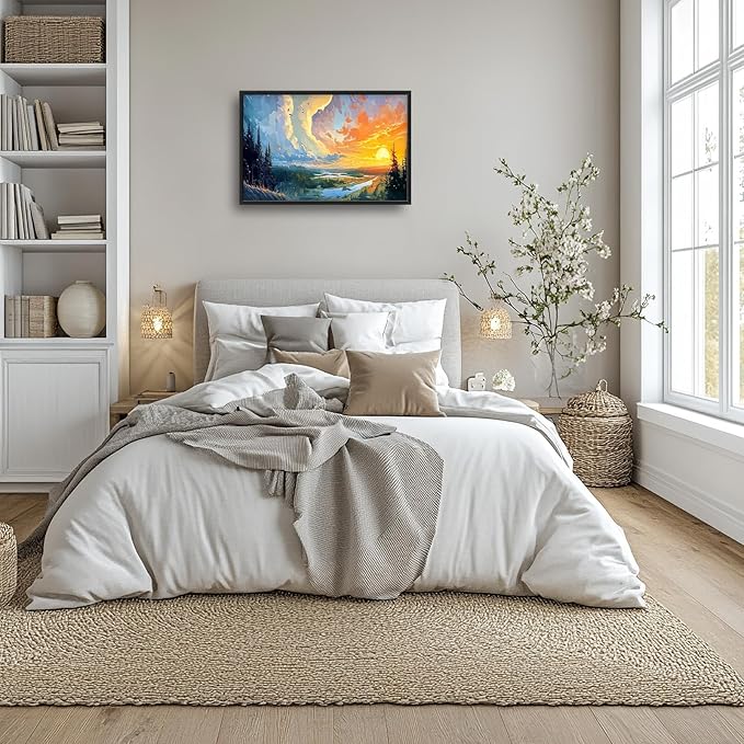 Framed Large Sunrise Wall Art for Living Room, Oversized Sunrise Wall Decor Forest Lake Landscape Canvas Print Natural Picture Home Decoration for Bedroom Living Room Office 36"x24"-PawvioPets