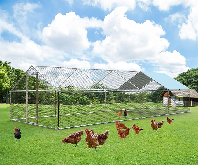 1.26’’ Large Metal Chicken Coop Walk in, Chicken Pen for Chickens, Outdoor Chicken Runs Coops Dog Kennel, Spire Roofed Chicken Runs for Yard with Anti-Ultraviolet Cover (9.8’Lx26.2’Wx6.4’H)-PawvioPets