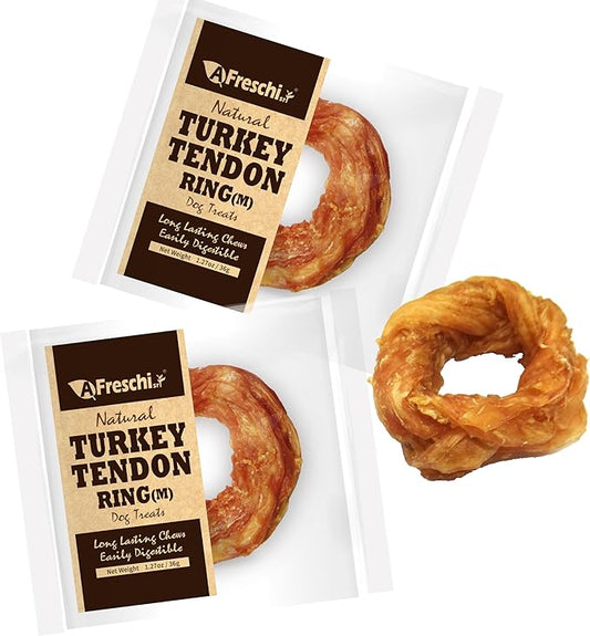 Afreschi Natural Turkey Tendon Ring (M) Pack of 2, Dog Treats for Signature Series, All Natural Human Grade Puppy Chew, USA-Sourced Turkey Tendon, Hypoallergenic, Rawhide Alternative-PawvioPets