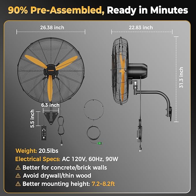 24 Inch Oscillating Misting Wall Mount Fan, Extra Long 3.9ft Wired Remote and 9.8ft Power Cord, IP44 Industrial Commercial Wall Mounted Fan for Greenhouse, Garage, Workshop, Covered Patio-PawvioPets