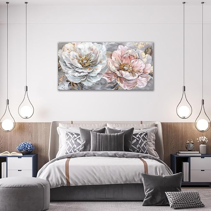 Extra Large Flower Wall Art Pink and White Floral Canvas Living Room Golden Pictures Framed Prints Oversize Wall Decor Big Painting Artwork for Bedroom Dining Office Home 60"x30"-PawvioPets