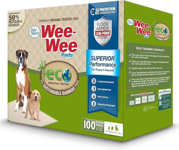 Four Paws Wee-Wee Superior Performance Bamboo Pee Pads for Dogs, Earth Friendly Dog & Puppy Potty Training Pads, Crate Liners, Housebreaking Supplies, 22" x 23" (100 Count)-PawvioPets