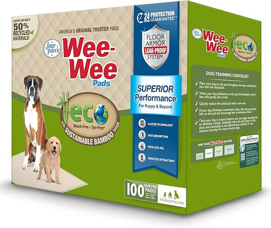 Four Paws Wee-Wee Superior Performance Bamboo Pee Pads for Dogs, Earth Friendly Dog & Puppy Potty Training Pads, Crate Liners, Housebreaking Supplies, 22" x 23" (100 Count)-PawvioPets