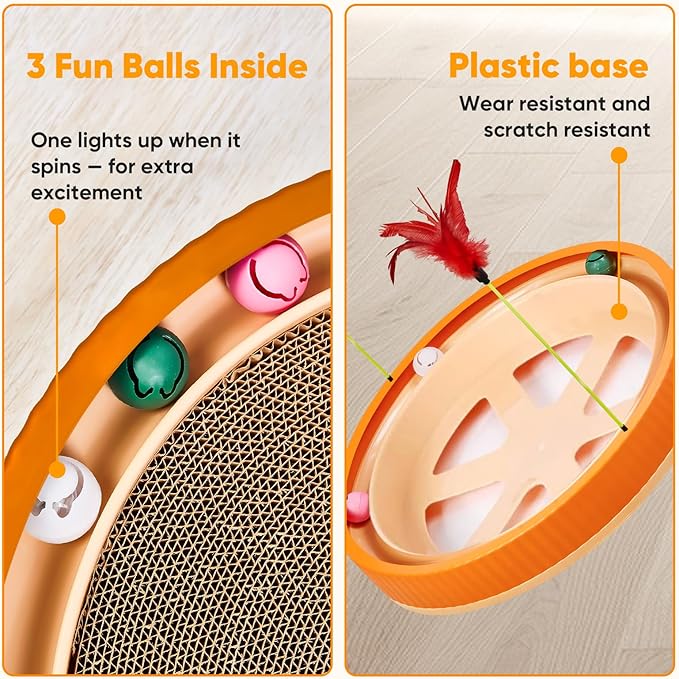 20-Inch Round Cat Scratcher with Ball Track – 3-in-1 Cardboard Cat Scratching Pad with Feather Toys, Non-Slip Base – Interactive Cat Toy for Indoor Cats, Kitten Scratch Play Lounge Board (Orange)-PawvioPets