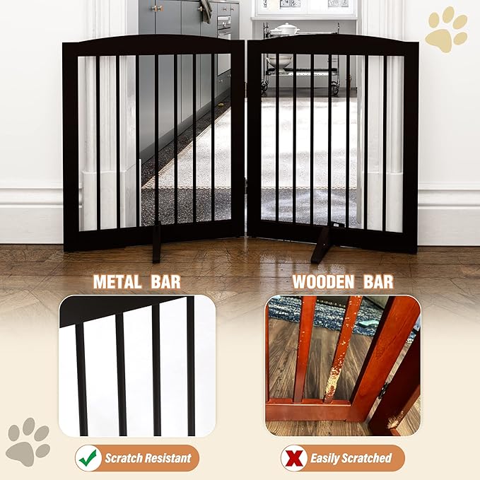 Freestanding Pet Gate for Dogs, Foldable Wooden Dog Gate for House, Indoor Pet Barrier for Stairs, Doorways, Support Feet Included, 24" Height 2 Panels, Brown-PawvioPets