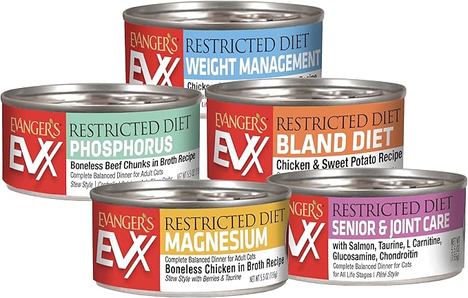 Evanger’s EVX Restricted Diet Magnesium Canned Cat Food – 24 Count, 5.5 oz Cans Each – Boneless Chicken in Broth with Berries – Grain Free, Limited Ingredients, Stew Style-PawvioPets