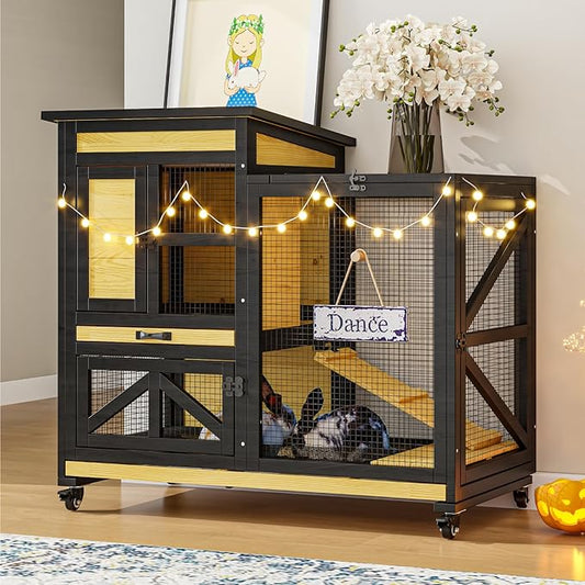 40'' Rabbit Cage Bunny Cage Indoor, Outdoor Rabbit Hutch for Small Animals, 2-Story Wooden Guinea Pig Cages with Wheels & 2 Deeper No Leak Trays, Waterproof Openable Roof & Bottom Wire Mesh-PawvioPets