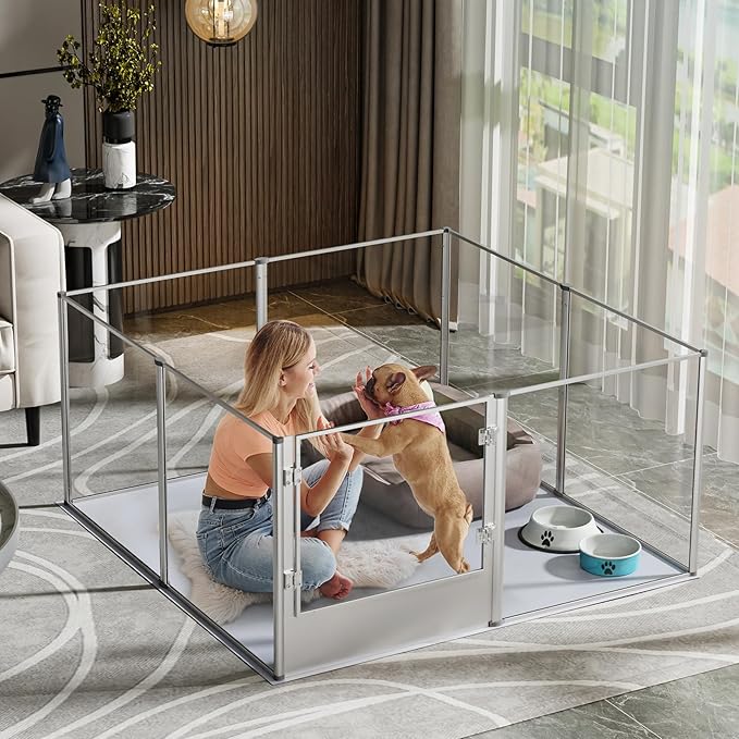 Dog Clear Playpen Fence Kennel: Pet Indoor Heavy Duty Whelping Box Pen Cage with Waterproof whelping pad - Small Animal Acrylic Exercise Kennel Pen with Metal Frame for Cats Puppy Rabbits Guinea Pig-PawvioPets