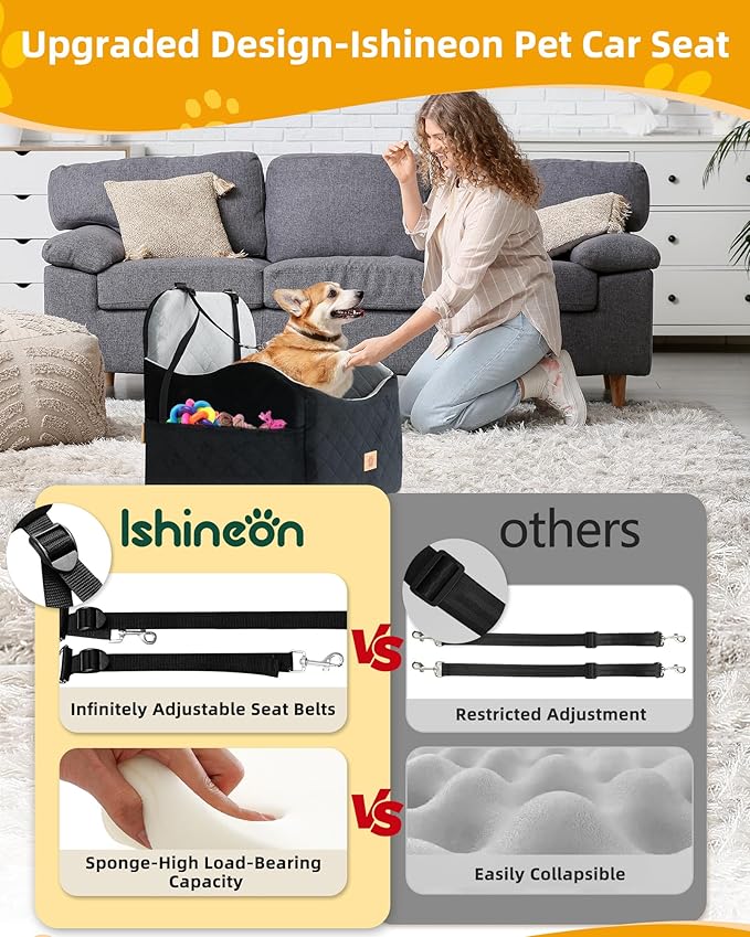 Car Seat Booster for Dog: High-Support Memory Foam Pet Car Seat for Small/Medium Dogs Under 35lbs with Elevated Cushion, Pockets - Detachable Washable Puppy Travel Bed for Driving(Black/Grey)-PawvioPets