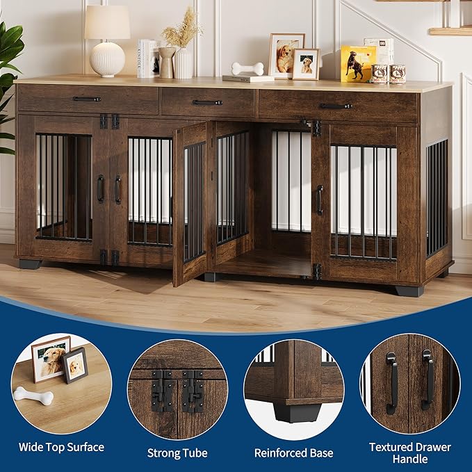 71 Inch Dog Crate Furniture for 2 Rooms, Wooden Double Crate Large Breed with Door, Dog Kennel Indoor, TV Stand End Table with Divider for Large Medium Dogs,Brown-PawvioPets