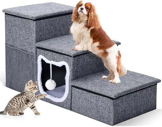 Bilibrara Dog Stairs for Small Dogs, Foldable Pet Steps for High Bed, Non-Slip 3-Step Cat Stairs with Storage, Condo and Fluffy Ball, Small Dog Indoor Ramp for Couch Window, 16'' H-PawvioPets