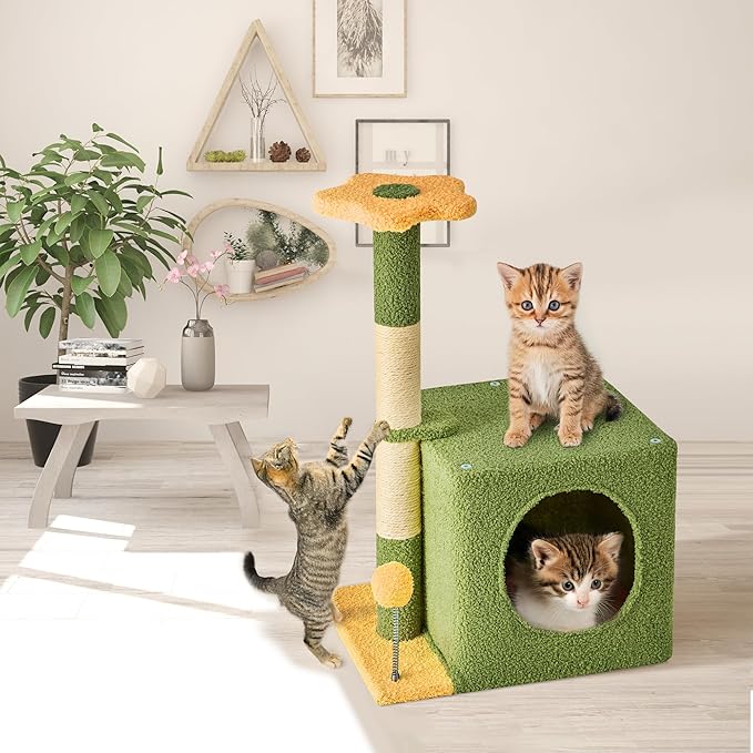 24 Inch Cat Tree Condo for Indoor Cats with Floral Sisal Scratching Post, Plush Hang Ball Play Furniture for Kittens Cats, Yellow-PawvioPets