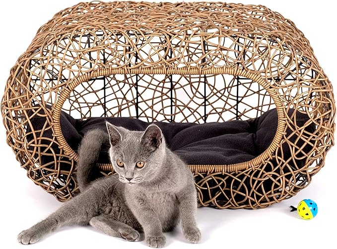 Fun Stackable Cat Condo for Indoor Cats - Interactive Play Faux Rattan Cat House for Indoor Cats Kitty, Pet Friendly Top/Side House Entry, Cat Bed Enclosed-PawvioPets
