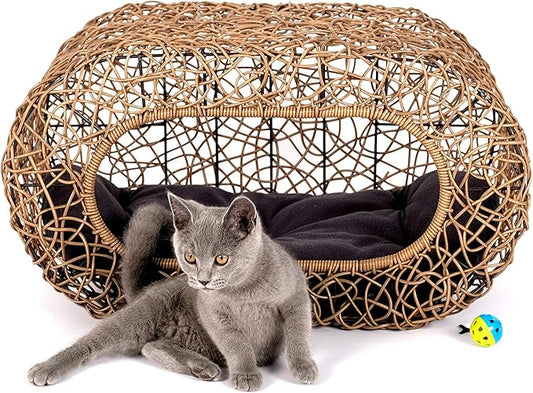 Fun Stackable Cat Condo for Indoor Cats - Interactive Play Faux Rattan Cat House for Indoor Cats Kitty, Pet Friendly Top/Side House Entry, Cat Bed Enclosed-PawvioPets