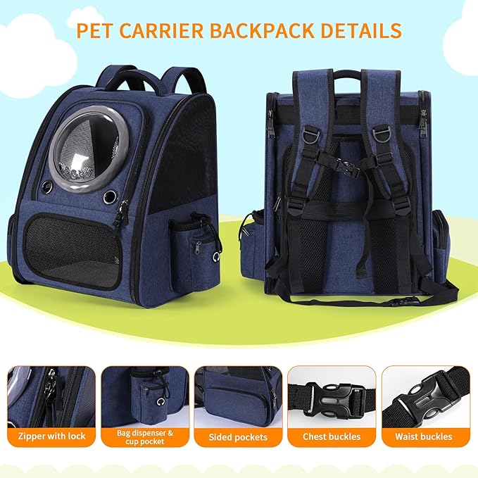 Extension Cat Carrier Backpack with Transparent Bubble Window,Dogs Backpack Carrier with Breathable Mesh Travel Bag, Portable Space Capsule Design with Foldable for Pets (Blue)-PawvioPets
