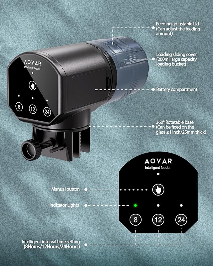 Automatic Fish Feeder Dispenser for Aquarium: 200ml Large Capacity Auto Feeders for Small Tank Turtle Betta Koi - Battery Food Feeding Timer for Flakes Pellet Vacation Weekend Day-PawvioPets